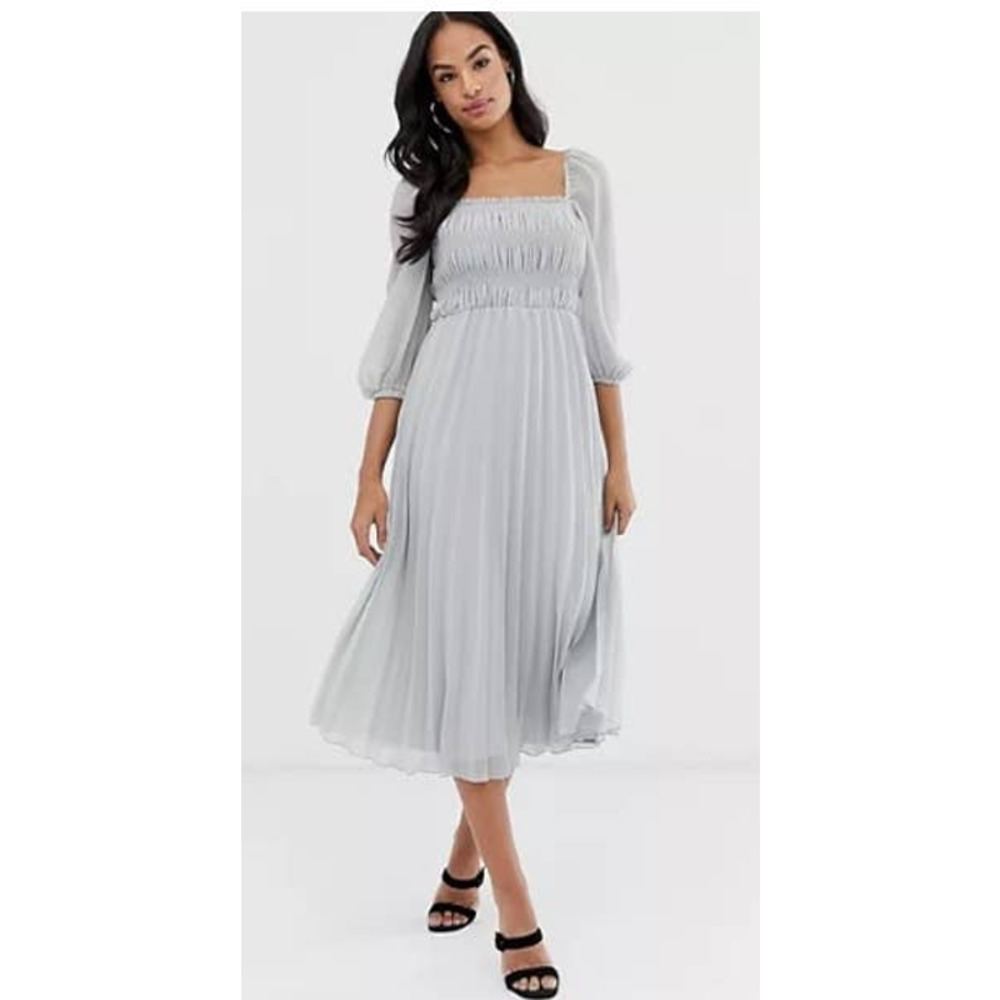 ASOS Light Gray Midi Dress with Smocked Bodice